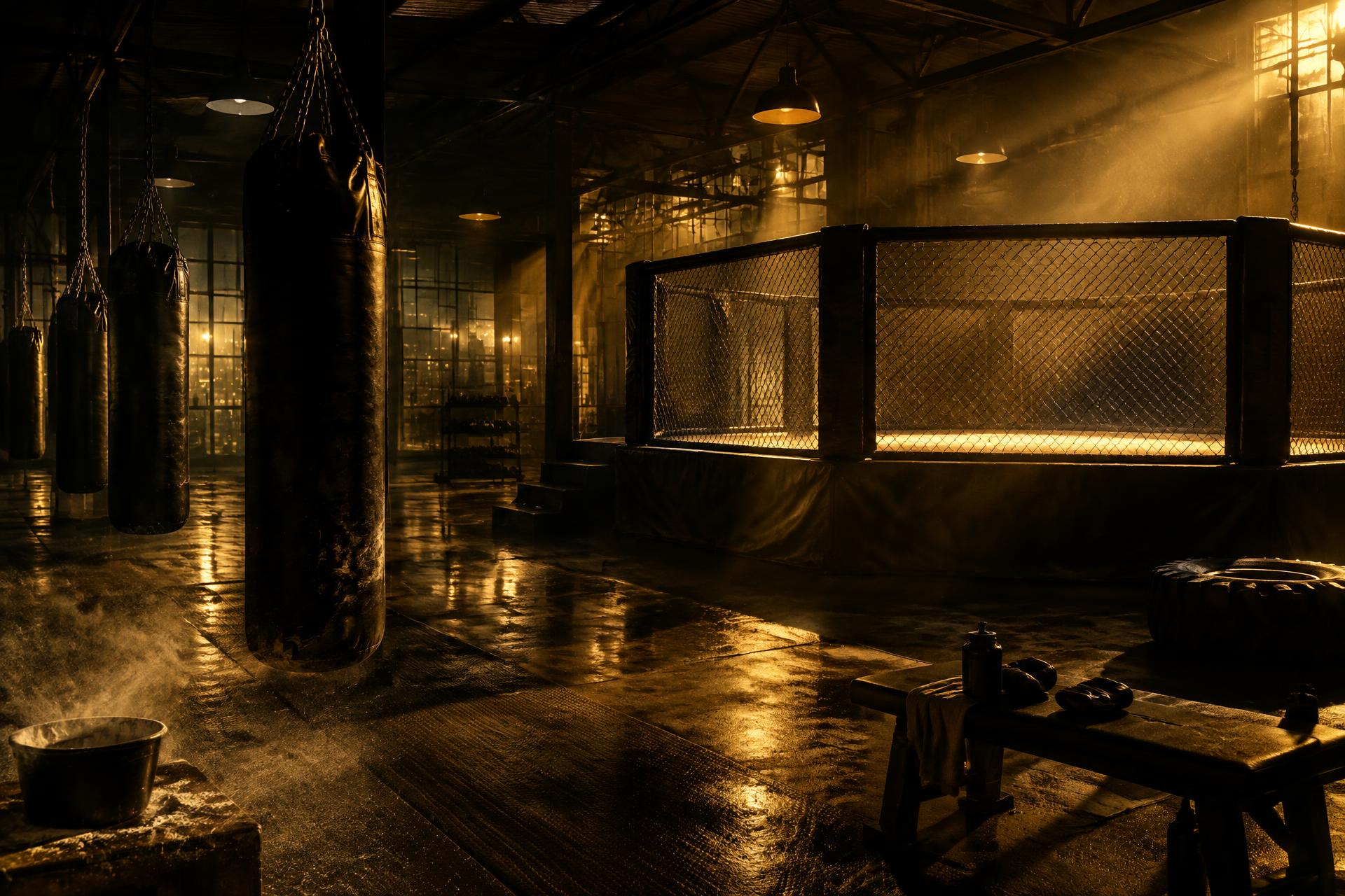Sala treningowa Performance Center Tczew — klatka MMA i worki treningowe